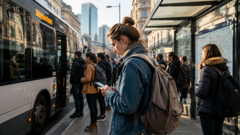 Student waiting at a busy city bus stop while checking directions on a phone.