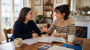 A cozy study session together | Abroad101 Blog A student and a French host teacher sit at a wooden table in a bright, cozy home, smiling and speaking together during a private language lesson. Open notebooks, a French workbook, pens, mugs, bookshelves, and soft daylight from a nearby window create a warm homestay learning environment that reflects French immersion, daily conversation practice, and cultural exchange.