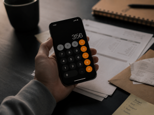 Budgeting 101 A Beginners Guide for Students 2 | Abroad101 Blog Close-up of a smartphone calculator on a desk with budget notes, papers, receipts, and study documents.