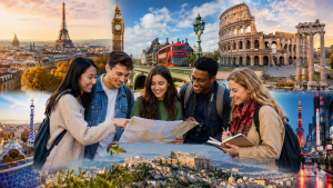 Diverse group of college students smiling and looking at a map while comparing global study abroad destinations, with visual references to major cities including Paris, London, Rome, Athens, Barcelona, and Tokyo.