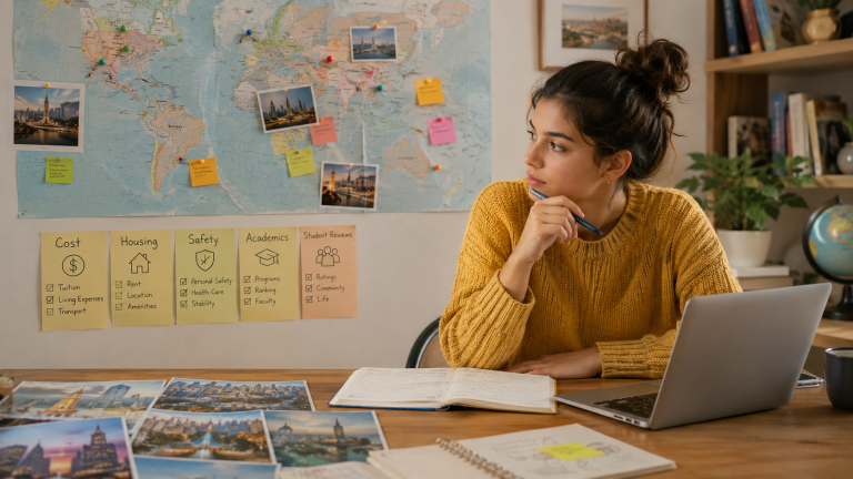 College student sitting at a desk with a laptop, notebook, world map, destination photos, and planning notes comparing study abroad cities by cost, housing, safety, academics, and student reviews.