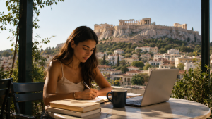 College student studying with a laptop and notebook on a sunny terrace in Athens, Greece, with the Acropolis and city skyline in the background, representing study abroad opportunities in history, archaeology, classics, politics, and Mediterranean culture.