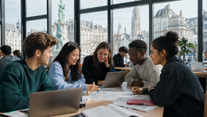 International students collaborating in Antwerp | Abroad101 Blog Diverse international students working together on a university project while studying abroad in Antwerp.