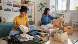 Packing smart for study abroad | Abroad101 Blog Two university students prepare for study abroad in a bright bedroom, organizing clothes between an open suitcase, storage bins, moving boxes, and a donation bag. One student folds travel essentials beside a passport, while the other sorts clothing for storage before departure.