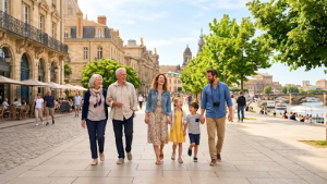 Portugal Europes Most Affordable Getaway | Abroad101 Blog A multigenerational family walks together along a sunny riverside promenade in a historic Portuguese city, surrounded by elegant architecture, leafy trees, outdoor cafés and views across the waterfront.