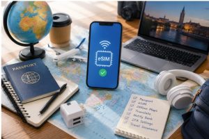 Study abroad travel essentials arranged on a world map, including a passport, smartphone displaying eSIM activation, laptop, headphones, charger and travel checklist.
