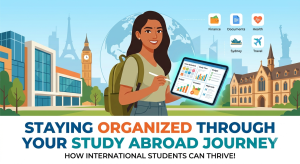Staying organized through study abroad | Abroad101 Blog International student using a digital planner to organize finances, documents, health, travel, and academics during a study abroad journey.