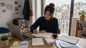 Staying organized while studying and living abroad | Abroad101 Blog International student organizing her study abroad schedule with a planner, laptop, budget notes, documents, and city map.