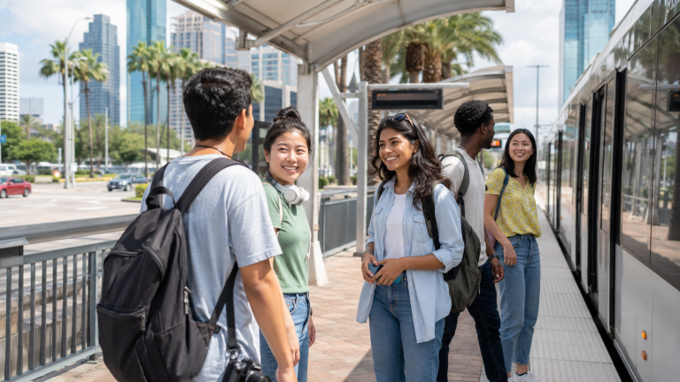 International students waiting at a Houston light rail station.