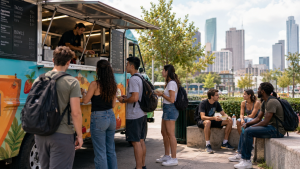 Students at the food truck | Abroad101 Blog Students ordering budget-friendly meals from a Houston food truck.