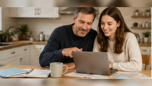 Parent and college student sitting together at a kitchen table reviewing study abroad program details on a laptop, discussing housing, emergency support, insurance, scholarships, communication, safety, and total cost before choosing a program.