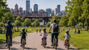 portland_families_cycling | Abroad101 Blog Parents and children cycling together through a family-friendly Portland park near local neighborhoods and schools.