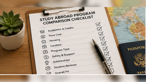Close-up of a study abroad program comparison checklist showing categories for academics, credits, total cost, housing, location, program type, safety support, scholarships, student reviews, and overall fit, with a passport, map, pen, and check marks on the desk.