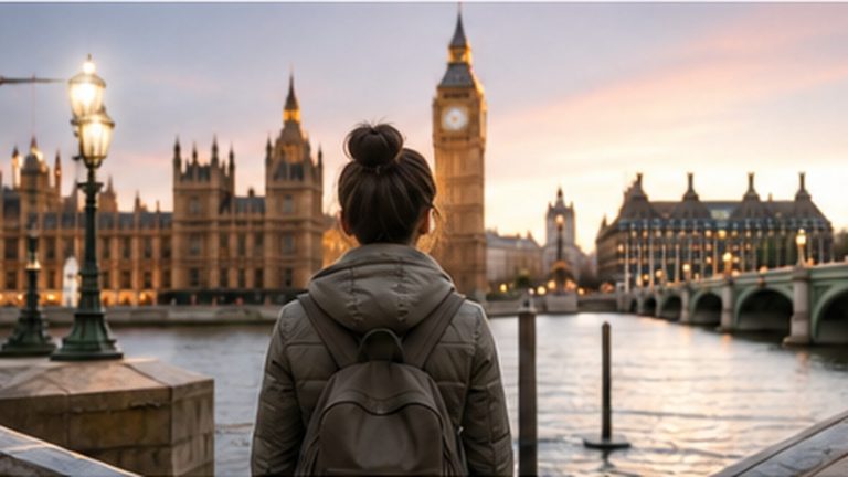 Young international student overlooking a European city while adjusting to studying abroad.