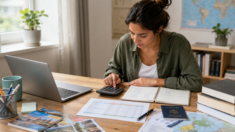 Student Planning a Study Abroad Budget in 2026 | Abroad101 Blog University student calculating study abroad costs at a desk with a laptop, calculator, passport, notebook, printed budget worksheet, travel brochures, books, and a world map while comparing housing, airfare, and daily expenses.