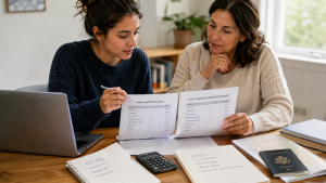 Student and parent reviewing printed home-semester and study abroad budgets at a table with a laptop, calculator, passport, map, airfare notes, housing estimates, and scholarship information.