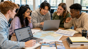 Diverse group of university students gathered around laptops and a destination map while comparing study abroad programs, student reviews, budget worksheets, travel information, and overall program value.