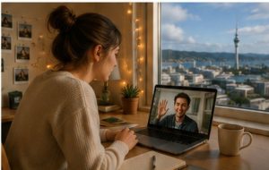 Staying Connected While Studying Abroad in New Zealand | Abroad101 Blog Student studying abroad in New Zealand having a video call with someone back home to stay connected across the distance