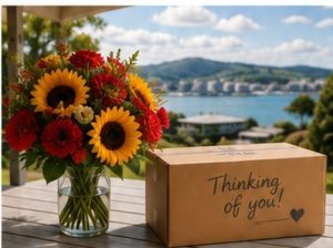 Thoughtful Care Package for a Student Abroad | Abroad101 Blog Flowers and a thoughtful care package sent to a student studying abroad in New Zealand