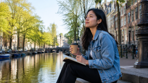Protecting Your Mental Health While Living Abroad | Abroad101 Blog International student taking time to reflect and protect her mental health while living abroad in a European city